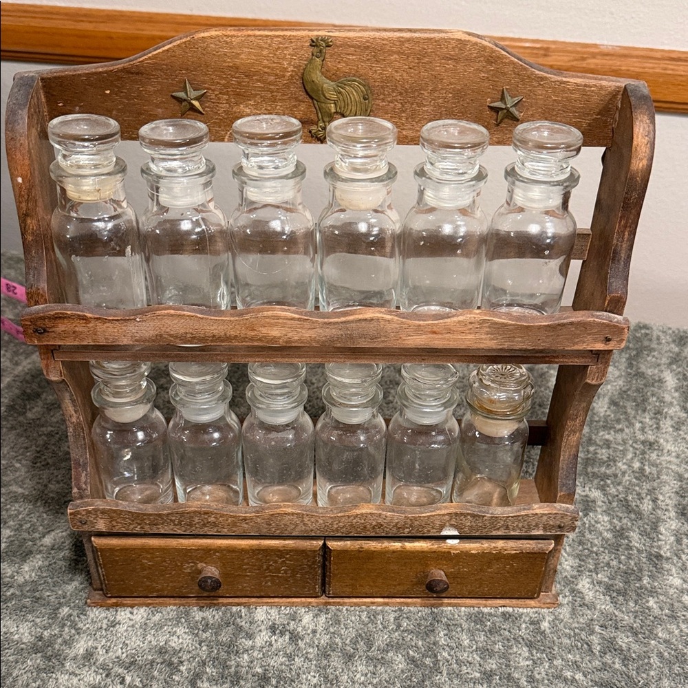 Rustic Wooden Spice Rack with Glass Bottles - Brown